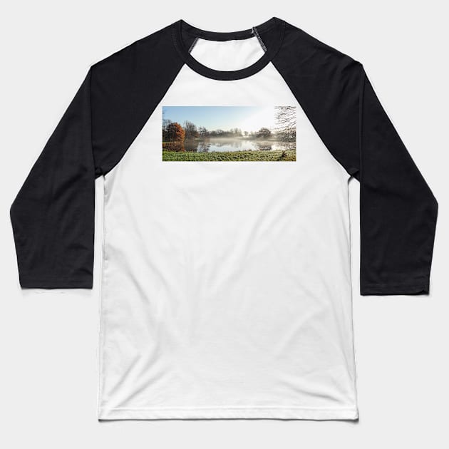 Lake, autumn mood, ground fog, hoarfrost, trees, landscape, Fischerhude, Lower Saxony, Germany Baseball T-Shirt by Kruegerfoto